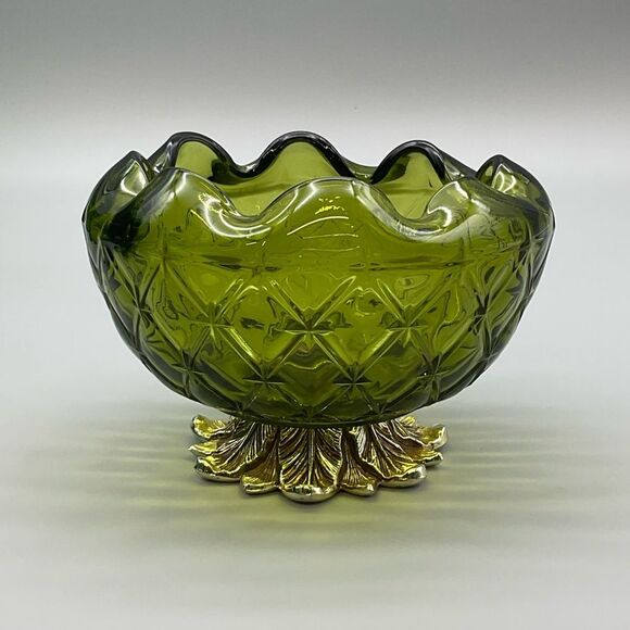 Indiana Glass Other - Indiana Glass Metal Footed Diamond Duette Avocado Green Quilted Candy Di…
